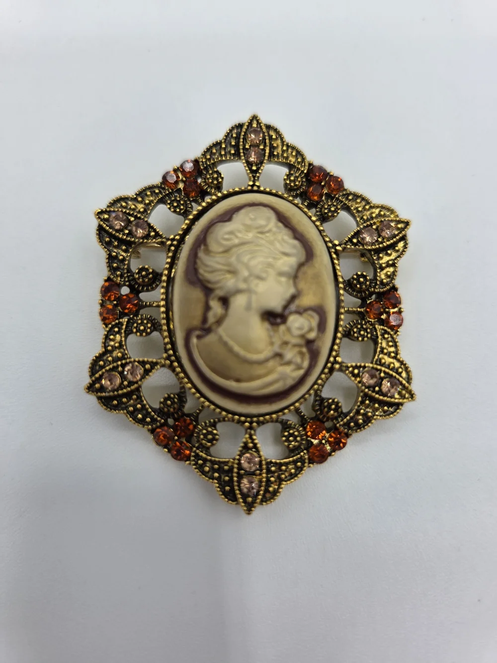 Vintage Style Cameo Brooch with Gold Filigree and Amber Crystal Accents